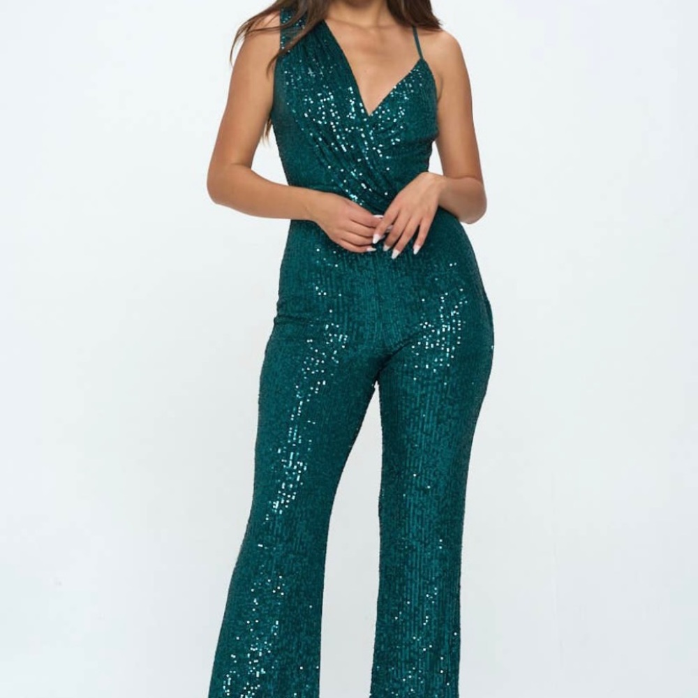 Ricarica Emerald Green Sleeveless Sequin Jumpsuit - Picture 4 of 5